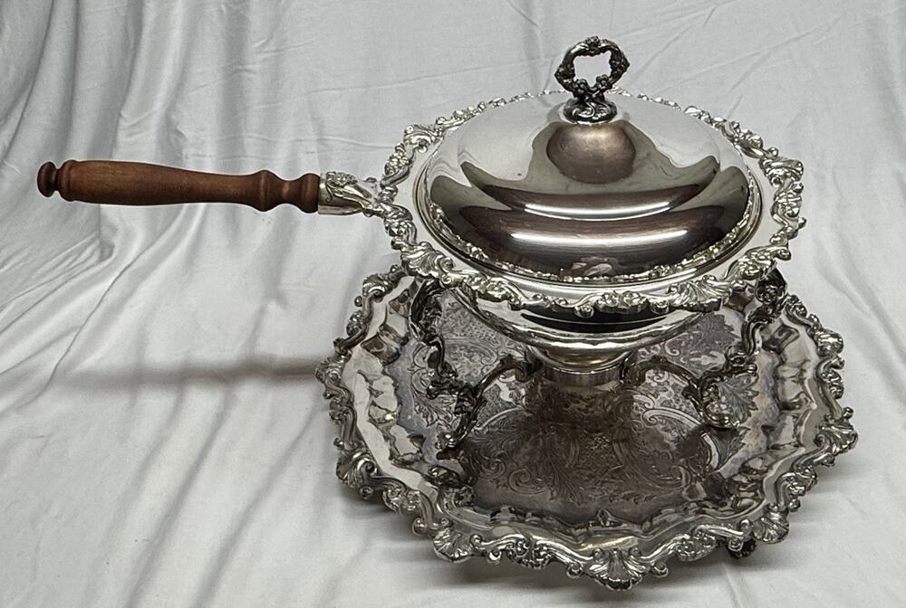 VTG Sheridan Silverplate On Copper Ornate Chafing Dish Burner Wood Handle Tray